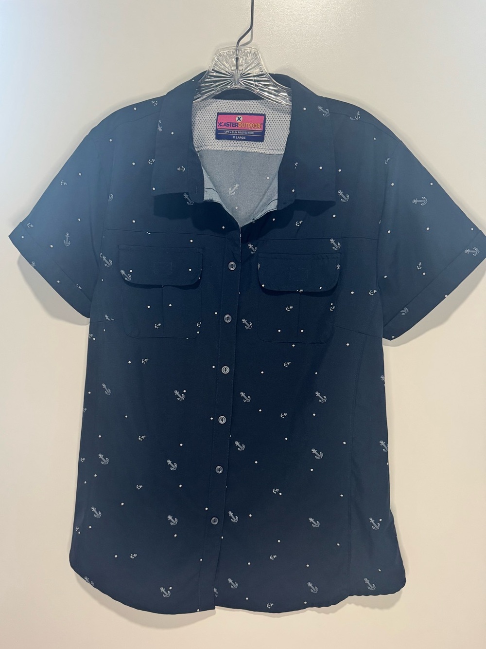 X-Caster Outdoor XL Navy Anchor Print UPF Fishing Boating Shirt